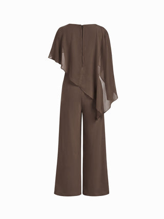 Asymmetrical Cloak Sleeve Mid Rise Wide Leg Jumpsuit With Cape
