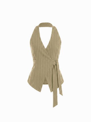 Striped Halter Neckline Twist Knotted Longline Blazer Vest