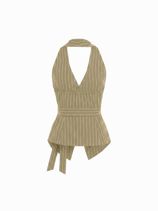 Striped Halter Neckline Twist Knotted Longline Blazer Vest