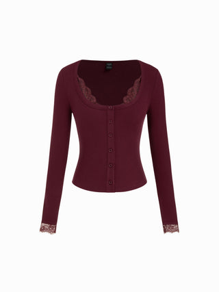 Ribbed Scoop Neck Lace Trim Long Sleeve Top