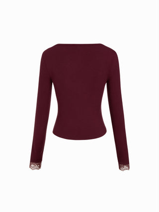 Ribbed Scoop Neck Lace Trim Long Sleeve Top