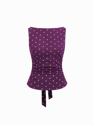 Cotton-blend Boat Neck Knotted Polka Dot Ruched Tank Top