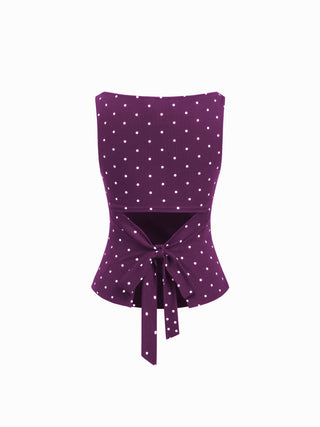 Cotton-blend Boat Neck Knotted Polka Dot Ruched Tank Top