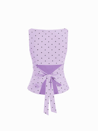 Cotton-blend Boat Neck Knotted Polka Dot Ruched Tank Top