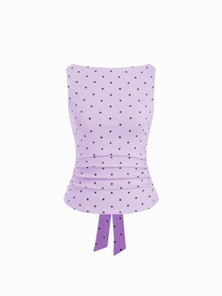 Cotton-blend Boat Neck Knotted Polka Dot Ruched Tank Top
