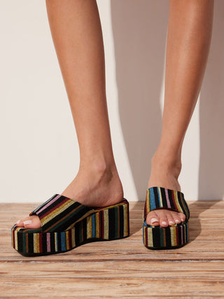 STRIPED PLATFORM WEDGE HEELED SANDALS