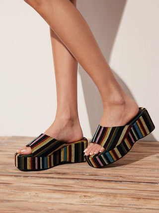 STRIPED PLATFORM WEDGE HEELED SANDALS