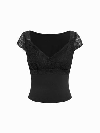 Lace Trim Sweetheart Neck Short Sleeve Tee