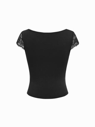 Lace Trim Sweetheart Neck Short Sleeve Tee