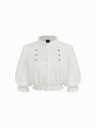 Lantern Sleeve Broderie Anglaise Ruffled Metal Detail Crop Blouse
