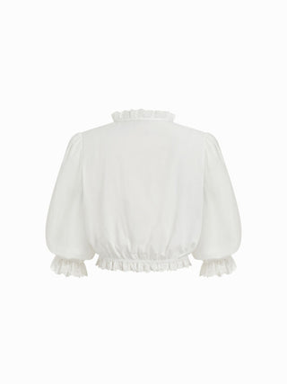 Lantern Sleeve Broderie Anglaise Ruffled Metal Detail Crop Blouse