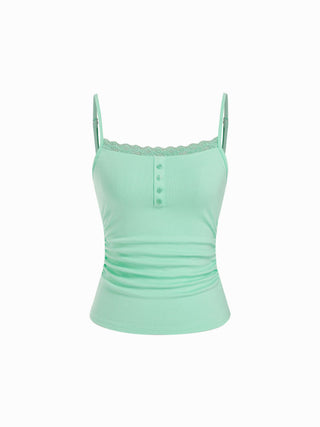 Lace Panel Ruched Henley Cami Top