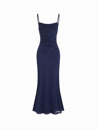 Mesh Polka Dot Lace Panel High Rise Mermaid Maxi Dress