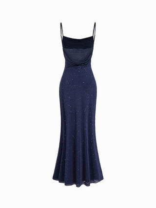 Mesh Polka Dot Lace Panel High Rise Mermaid Maxi Dress