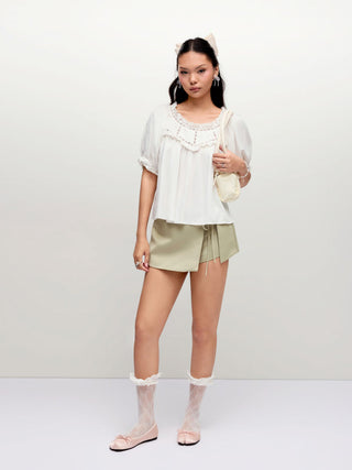 Linen-blend Ruffle Puff Sleeve Embroidery Oversized Blouse