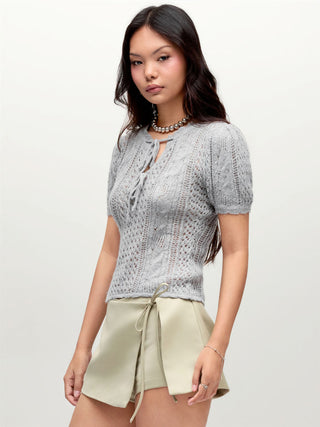 Knit Pointelle Tie Front Bowknot Puff Short Sleeve Top