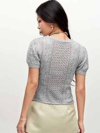 Knit Pointelle Tie Front Bowknot Puff Short Sleeve Top