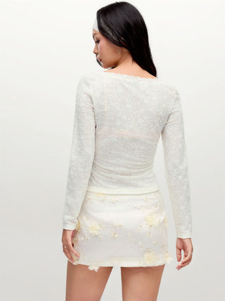 Jacquard Floral Scoop Neck Lace Trim Long Sleeve Top