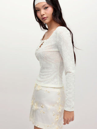 Jacquard Floral Scoop Neck Lace Trim Long Sleeve Top