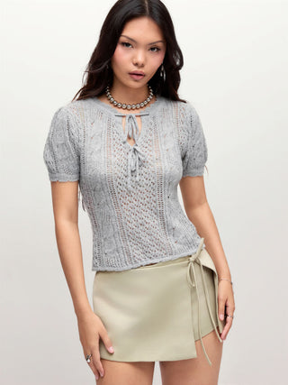 Knit Pointelle Tie Front Bowknot Puff Short Sleeve Top