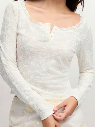 Jacquard Floral Scoop Neck Lace Trim Long Sleeve Top