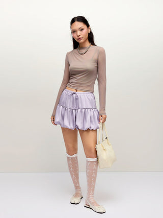 Satin Mid Rise Ruched Drawstring Bubble Hem Mini Skirt