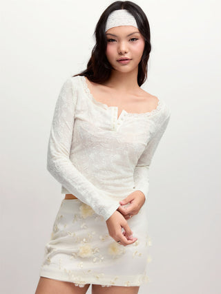 Jacquard Floral Scoop Neck Lace Trim Long Sleeve Top