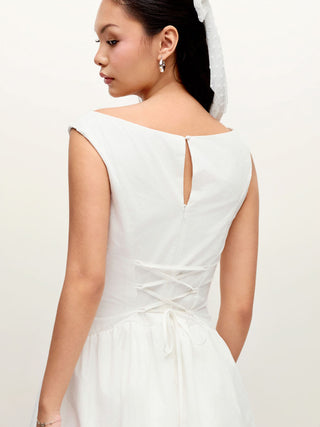 Cotton-blend Boat Neck Broderie Anglaise Lace Up Flared Maxi Dress