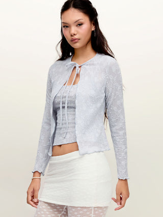 Jacquard Floral Tie Front Lettuce Trim Top & Cami Top
