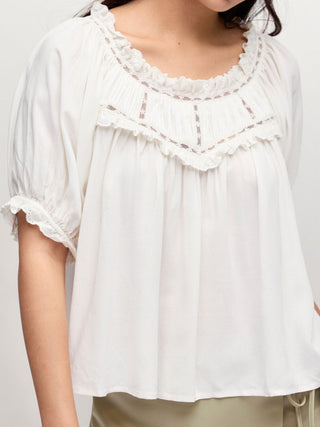 Linen-blend Ruffle Puff Sleeve Embroidery Oversized Blouse