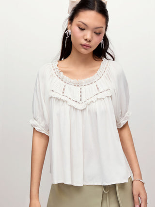 Linen-blend Ruffle Puff Sleeve Embroidery Oversized Blouse