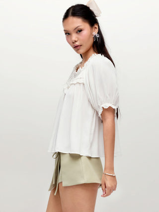 Linen-blend Ruffle Puff Sleeve Embroidery Oversized Blouse