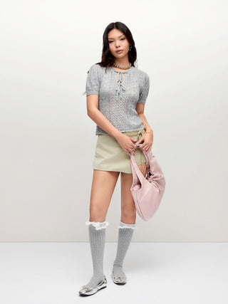 Knit Pointelle Tie Front Bowknot Puff Short Sleeve Top