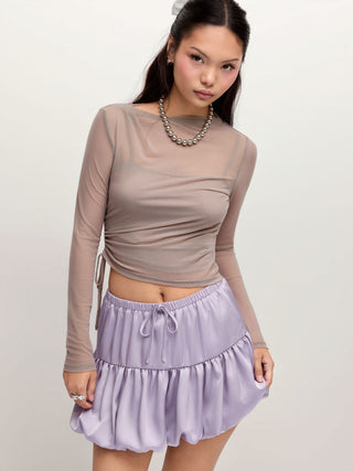 Satin Mid Rise Ruched Drawstring Bubble Hem Mini Skirt