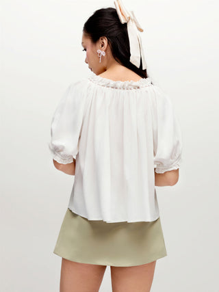 Linen-blend Ruffle Puff Sleeve Embroidery Oversized Blouse