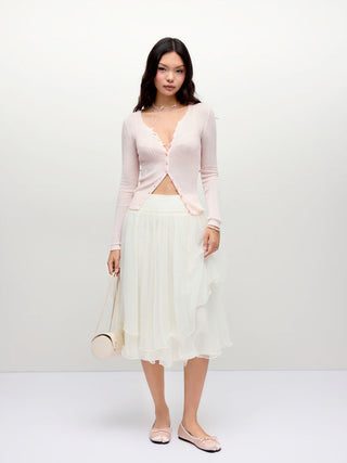 Mesh Mid Rise Ruffle Hem Layered Flared Midi Skirt