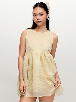 Jacquard Lace Ruched Oversized Babydoll Mini Dress