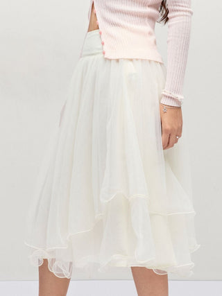Mesh Mid Rise Ruffle Hem Layered Flared Midi Skirt