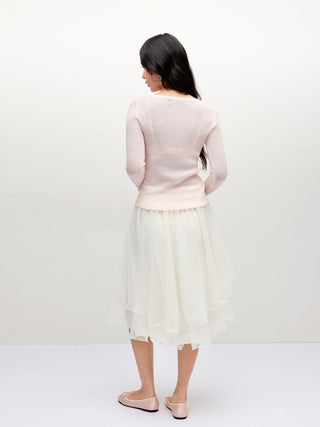 Mesh Mid Rise Ruffle Hem Layered Flared Midi Skirt
