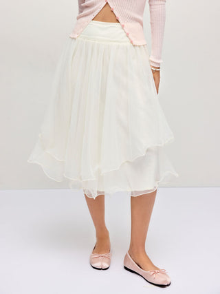 Mesh Mid Rise Ruffle Hem Layered Flared Midi Skirt