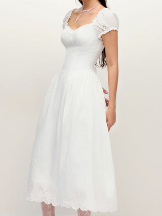Cotton Broderie Anglaise Sweetheart Puff Sleeve Lace Up Maxi Dress