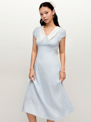 Striped Peter Pan Collar Puff Sleeve Color-block A-line Maxi Dress