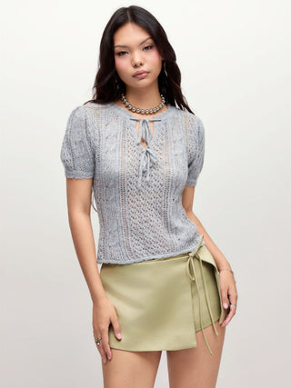 Satin Low Rise Tie Front Wrap A-line Mini Skort
