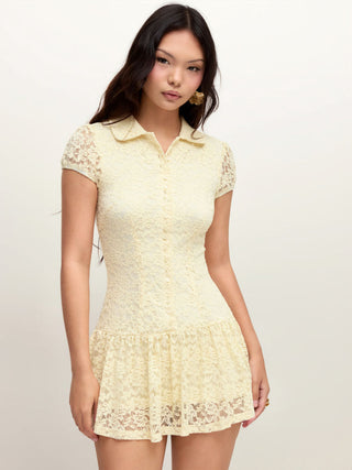 Floral Lace Puff Sleeve Low Rise Shirt Mini Dress