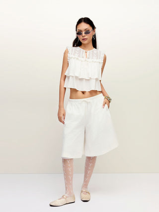 Linen-blend Embroidery Ruffle Hem Bowknot Crop Blouse