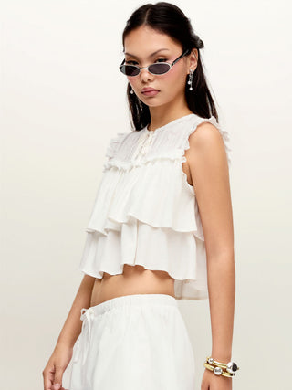 Linen-blend Embroidery Ruffle Hem Bowknot Crop Blouse