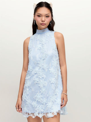 Floral Stand Collar Bowknot A-line Mini Dress
