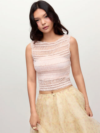 Mesh Boat Neck Ruched Textured See-Through Tank Top