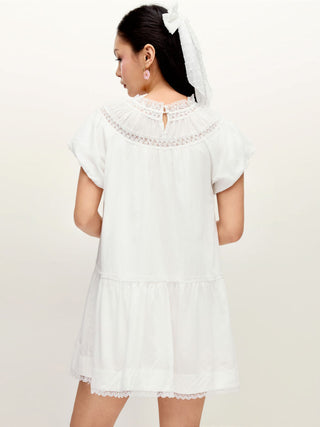Linen-blend Turtleneck Puff Sleeve Lace Trim Oversized Smock Mini Dress