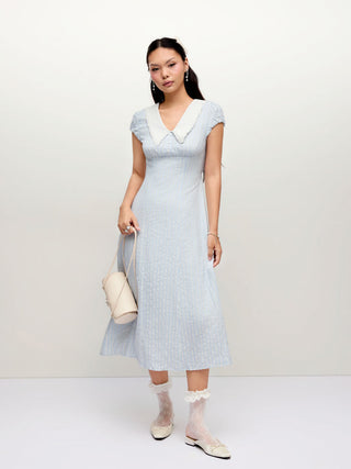 Striped Peter Pan Collar Puff Sleeve Color-block A-line Maxi Dress